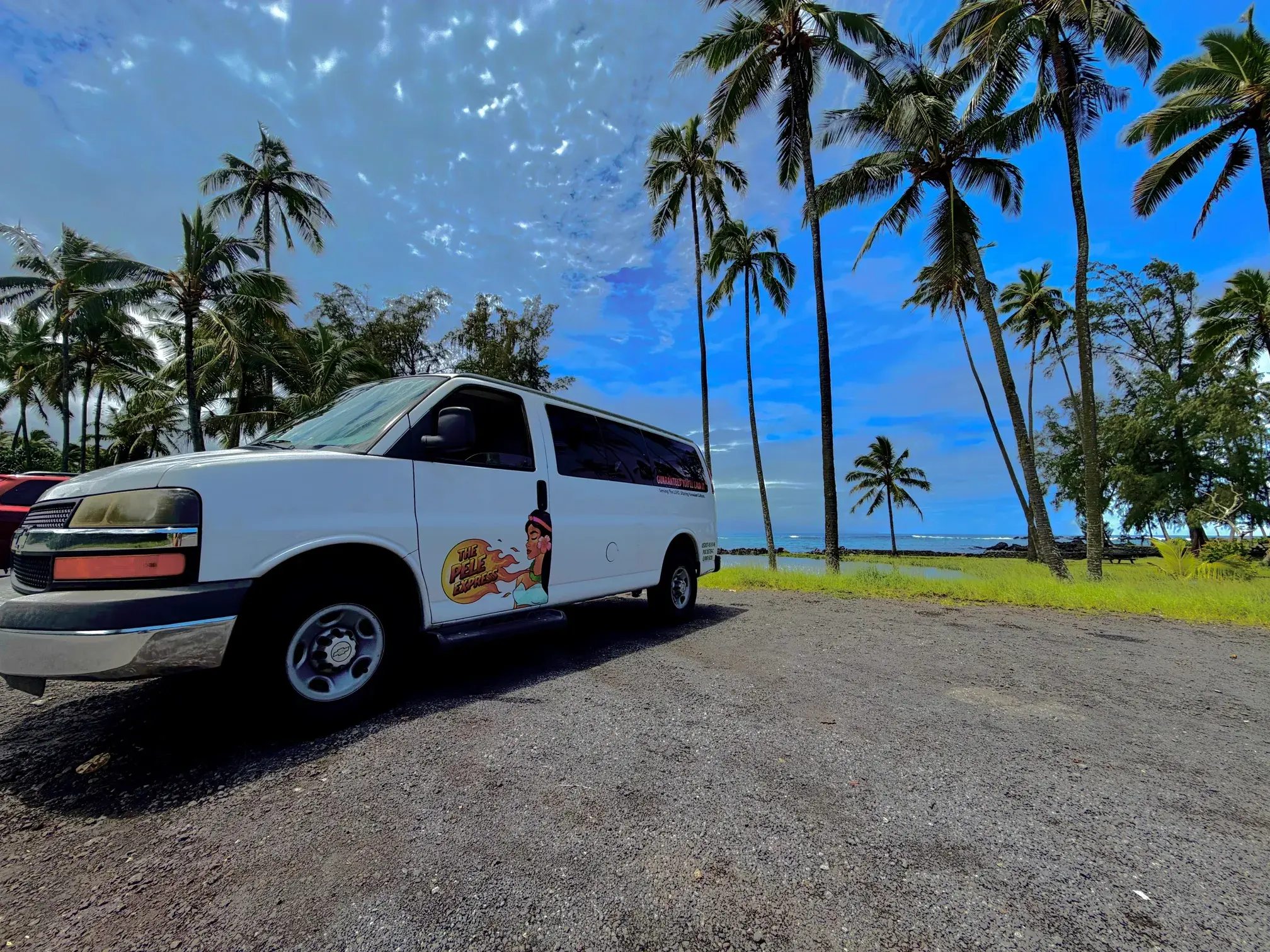 The Pele Express tour van parked beside palm trees